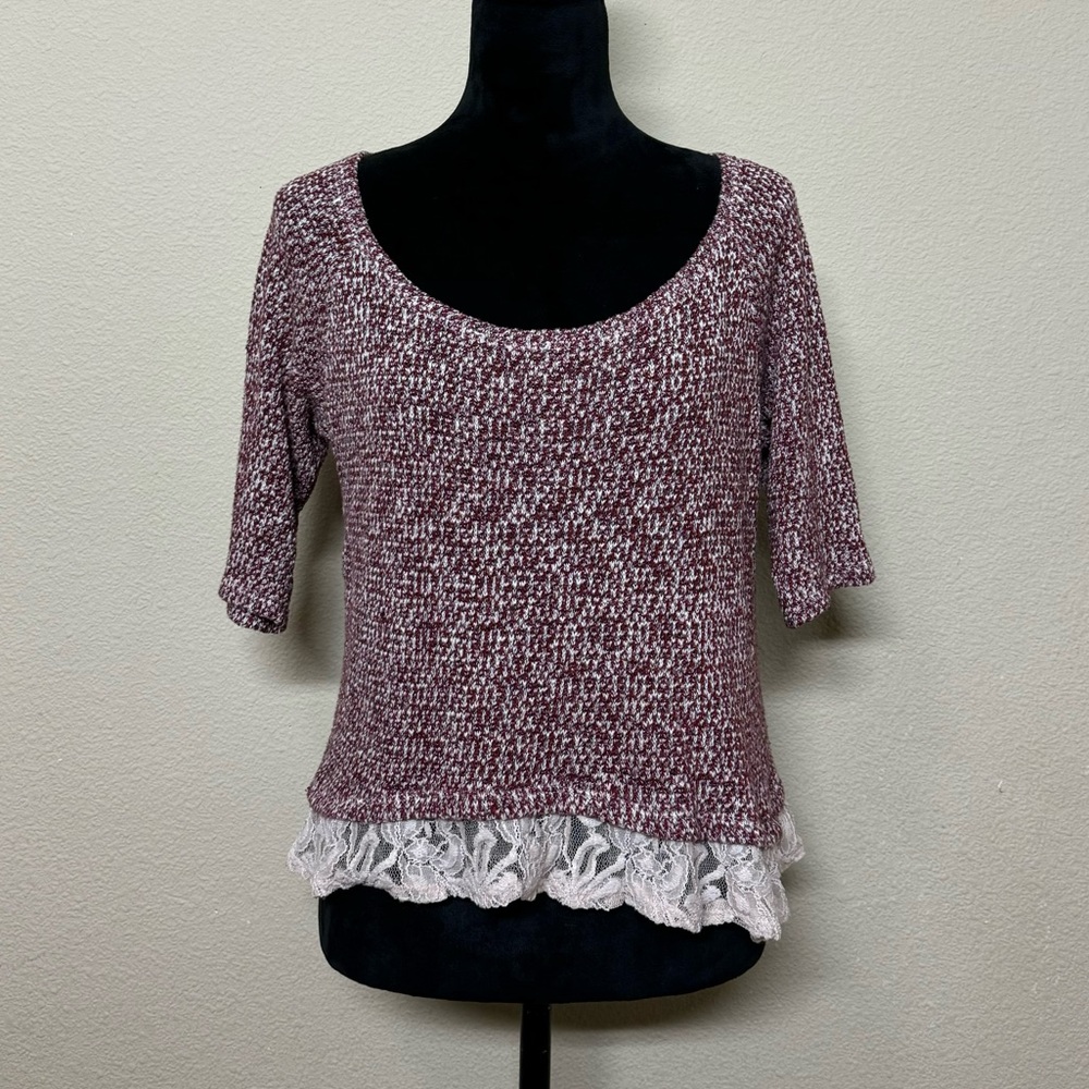 Maison Jules top women medium cotton blend short sleeve knit lace trim shirt